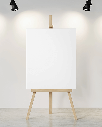 Minimalist Gallery Easel Mockup Blank Canvas On Wooden Stand Under Spotlight In Modern Artistic Setting
