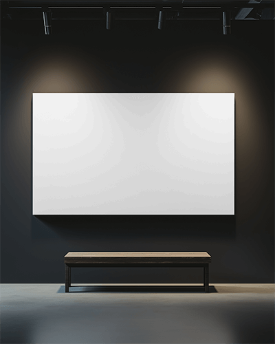 Luxury Gallery Canvas Mockup Wide Wall Mounted Art Above Modern Wooden Bench Moody Spotlighting Sleek And Elegant Display