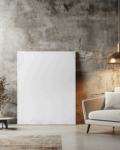 Rustic Interior Canvas Mockup Leaning Against Textured Wall Cozy Modern Living Space Warm Lighting And Earthy Tones
