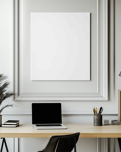 Modern Office Canvas Mockup Wall Mounted Above Minimalist Workspace Elegant White Paneling Creative And Productive Ambience