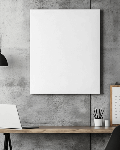 Modern Office Canvas Mockup Wall Mounted Above Minimalist Workspace Elegant White Paneling Creative And Productive Ambience