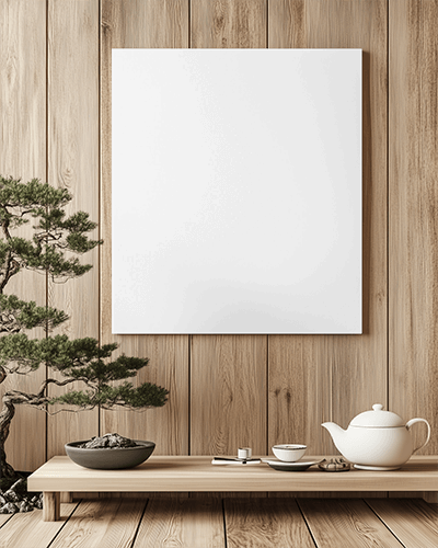 Zen Interior Canvas Mockup Wall Mounted On Wooden Paneling Minimalist Japanese Tea Setup Bonsai Tranquil And Harmonious Aesthetic