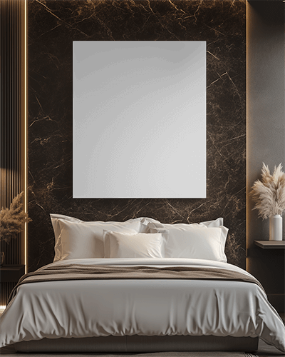 Luxury Bedroom Canvas Mockup Wall Mounted Above Plush Bed Dark Marble Accent Wall Soft Warm Lighting Elegant And Cozy Atmosphere