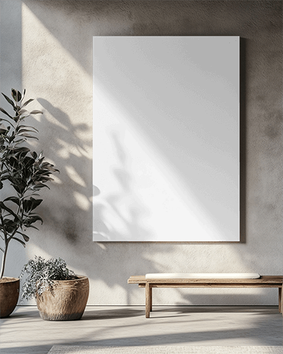 Minimalist Meditation Space Canvas Mockup Wall Mounted Above Wooden Bench Soft Natural Lighting Neutral Tones Tranquil And Serene Atmosphere