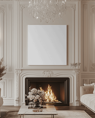 Luxury Parisian Living Room Canvas Mockup Wall Mounted Above Elegant Fireplace Crystal Chandelier Warm Glow Classic And Opulent Ambience
