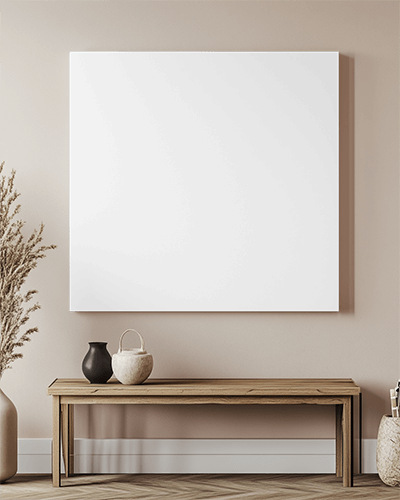 Modern Boho Canvas Mockup Wall Mounted Above Wooden Bench Neutral Tones Ceramic Vases Minimalist And Earthy Aesthetic