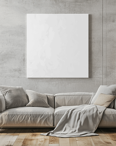 Modern Minimalist Living Room Canvas Mockup Wall Mounted On Textured Concrete Above Cozy Neutral Sofa Soft Lighting Serene And Inviting Ambience