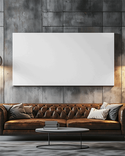 Industrial Luxury Living Room Wall Canvas Mockup Above Brown Leather Chesterfield Sofa With Metal Panel Background