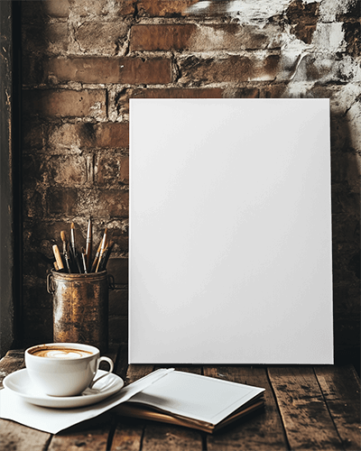 Rustic Coffee Shop Leaning Canvas Mockup Against Exposed Brick Wall With Vintage Mug And Sketchbook