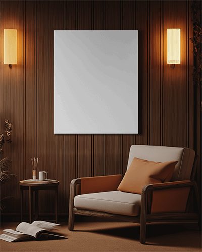 Cozy Wood Paneled Reading Nook Wall Canvas Mockup With Warm Lighting And Modern Lounge Chair