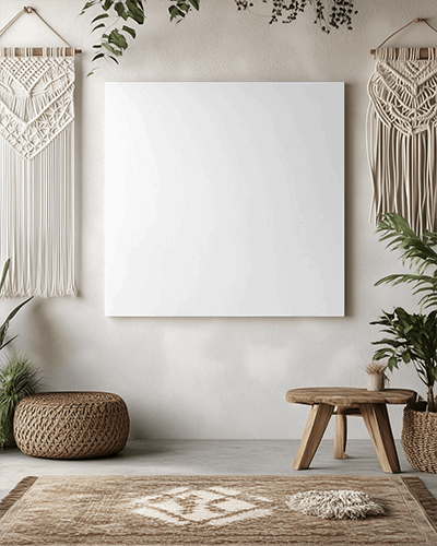 Bohemian Style Wall Canvas Mockup With Macrame Decor Rustic Furniture And Natural Textures