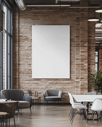 Industrial Loft Cafe Wall Canvas Mockup With Exposed Brick Modern Seating And Warm Ambient Lighting