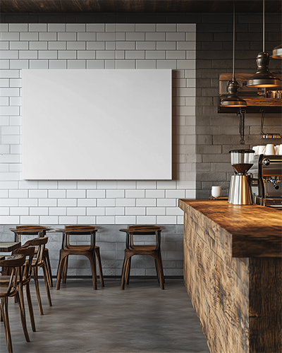 Modern Rustic Cafe Wall Canvas Mockup With White Subway Tiles Wooden Furniture And Coffee Bar
