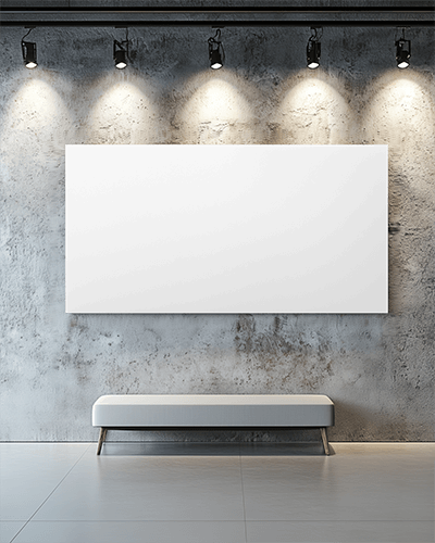Industrial Gallery Wall Canvas Mockup With Textured Concrete Background Spotlights And Modern Bench
