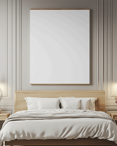 Modern Cozy Bedroom Wall Canvas Mockup Above Wooden Bedframe With Neutral Toned Bedding And Elegant Paneling