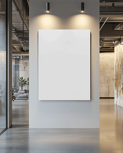 Modern Industrial Gallery Wall Canvas Mockup With Soft Spotlighting Glass Partitions And Contemporary Interior