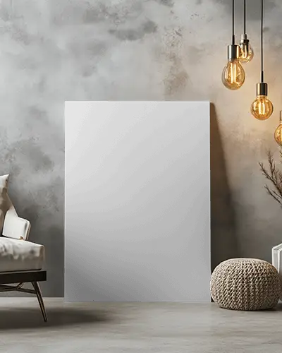 Modern Interior Canvas Mockup Vertical Frame On Floor Against Textured Wall With Cozy Decor And Hanging Bulbs