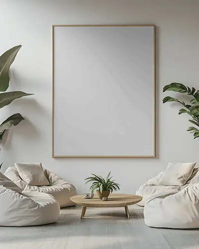 Minimal Boho Canvas Mockup Large Vertical Frame In Bright Living Room With Bean Bags Coffee Table And Indoor Plants 0167