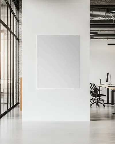 Modern Office Canvas Mockup Vertical Frame On White Wall In Industrial Workspace With Open Desks And Glass Panels