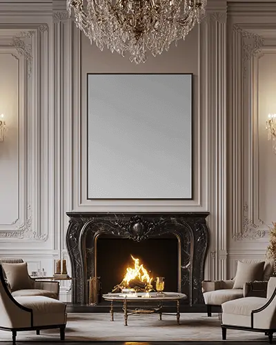 Luxury Interior Canvas Mockup Large Frame Above Black Marble Fireplace With Classic Sofas And Grand Chandelier
