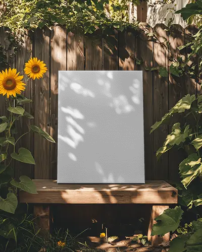 outdoor-canvas-mockup-on-wooden-bench-in-sunny-garden-with-sunflowers-and-greenery