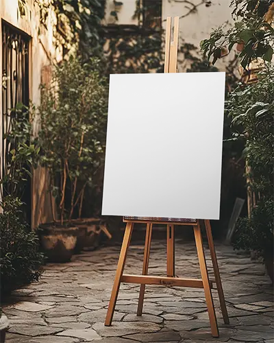 rustic-courtyard-canvas-mockup-on-wooden-easel-with-natural-light-and-stone-path-background-0193