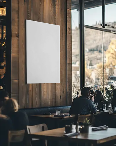 Blank Vertical Canvas Mockup On Wooden Wall In Cozy Restaurant Interior Setting 0198