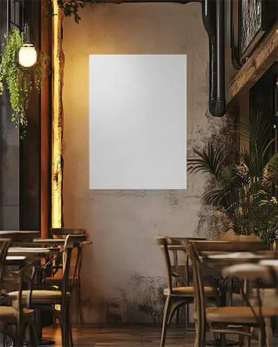 Rustic Restaurant Canvas Mockup On Textured Wall With Wooden Furniture And Warm Lighting 0199
