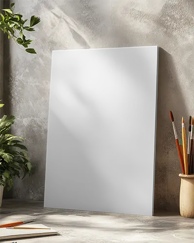 Vertical Canvas Mockup Against Textured Wall With Painting Tools And Plant Accessories 0200