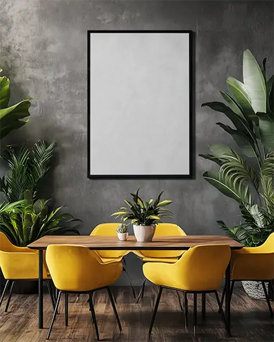 Stylish Living Room With Minimalist Black Canvas Mockup And Tropical Greenery Decor 0201