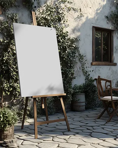 Outdoor Canvas Mockup On Wooden Easel With Natural Light And Textured Patio Background 0203