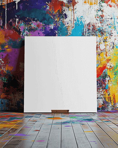 Colorful Abstract Studio Canvas Mockup Leaning On Wooden Floor Vibrant Paint Splattered Walls Creative Artistic Atmosphere 021