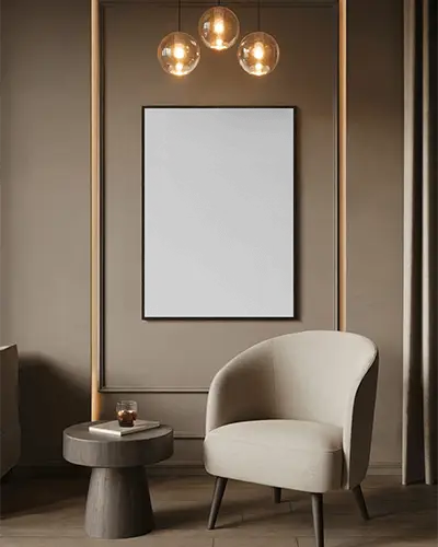 canvas-mockup-mounted-on-warm-neutral-wall-with-round-chair-and-modern-pendant-lights