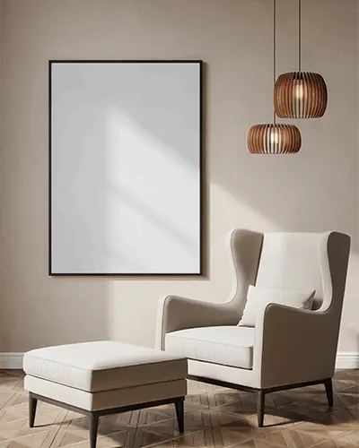 framed-canvas-mockup-in-bright-interior-with-classic-armchair-footrest-and-wooden-pendants