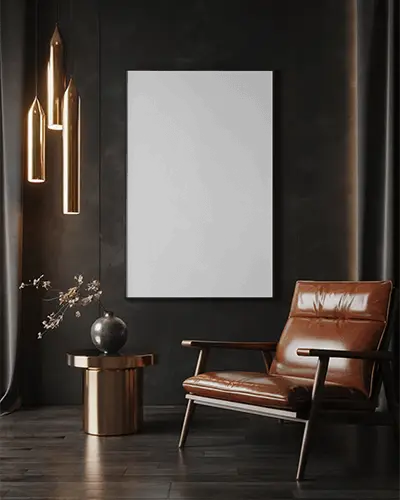 canvas-mockup-on-dark-wall-with-modern-leather-chair-golden-pendants-and-round-side-table