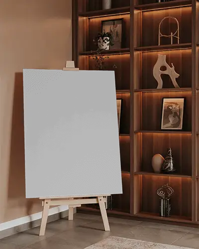 canvas-mockup-on-wooden-easel-in-modern-room-with-decorative-shelves-and-artistic-vases