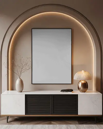 Wall Canvas Mockup With Decor Table And Lamp