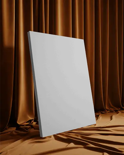 Standing Canvas Mockup Against Golden Velvet Drapery