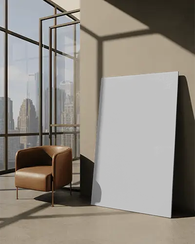 Modern Canvas Mockup In Sunlit Office With Brown Leather Chair