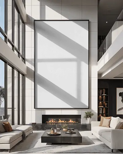 Large Vertical Canvas Mockup Above Fireplace In Luxury Living Room