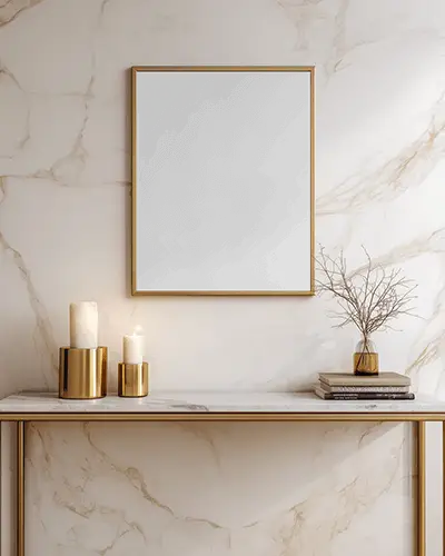 Framed Canvas Mockup On Marble Wall With Golden Decor And Candles