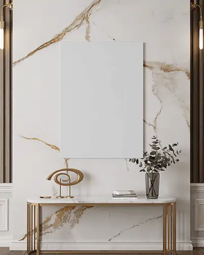 Vertical Canvas Mockup On Marble Wall With Gold Accents And Decor