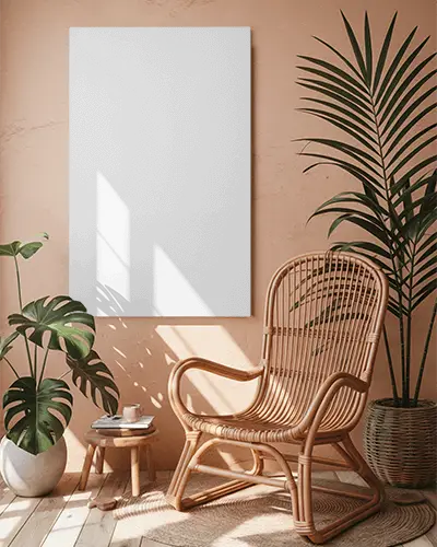 Stylish Interior Design Canvas Mockup With Bohemian Rattan Chair Wooden Table And Greenery