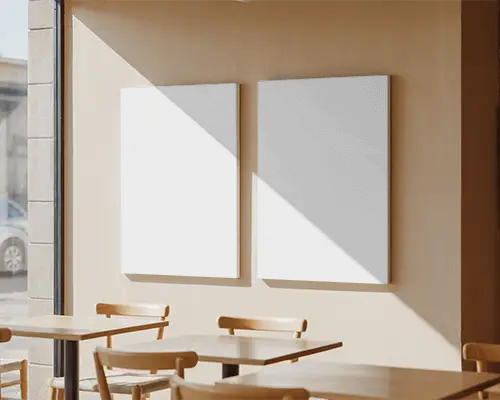 Blank Vertical Canvas Mockups On Minimalist Commercial Wall For Art Presentation