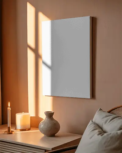 Cozy Interior Wall Canvas Mockup With Natural Light Shadow And Decorative Elements