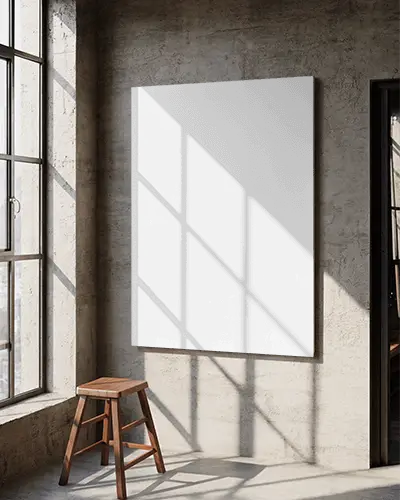 Modern Minimalist Canvas Mockup With Stool And Sun Ray Shadows On Textured Wall