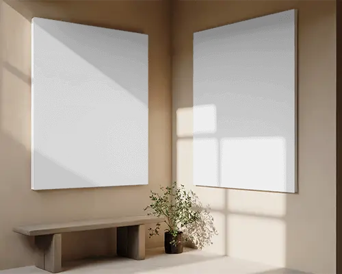 High Quality Blank Canvas Mockup On Warm Neutral Wall With Natural Light And Decorative Plant