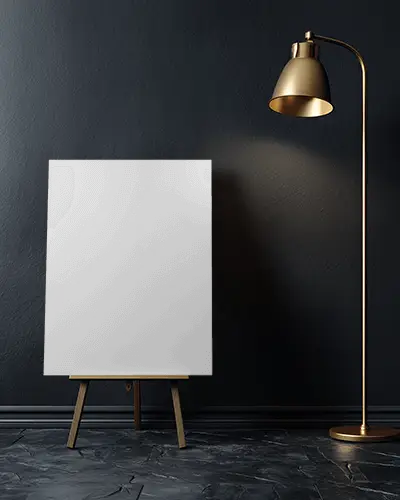 Blank Canvas Mockup On Wooden Easel With Modern Floor Lamp In Minimalist Room