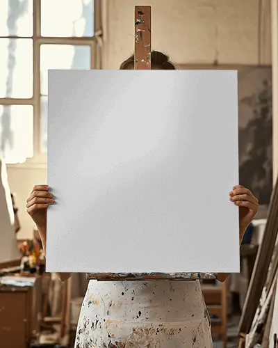 Blank Square Canvas Mockup Held By Artist In Creative Art Studio Setting For Design