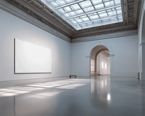 Spacious Gallery Room With Large Blank Canvas Mockup Wall Under Natural Light From Skylight Ceiling